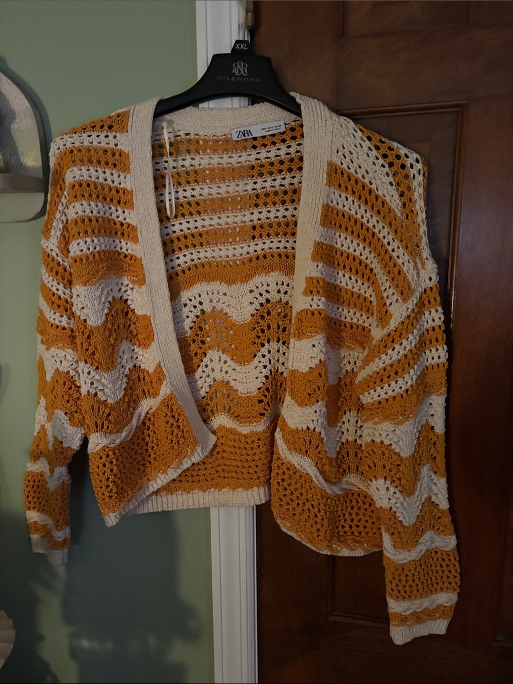 Zara Cream and Mustard Open Knit Striped Cardigan